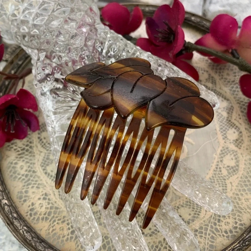 Vintage Signed France Faux Carved Tortoise Shell Celluloid Designer Hair Comb
